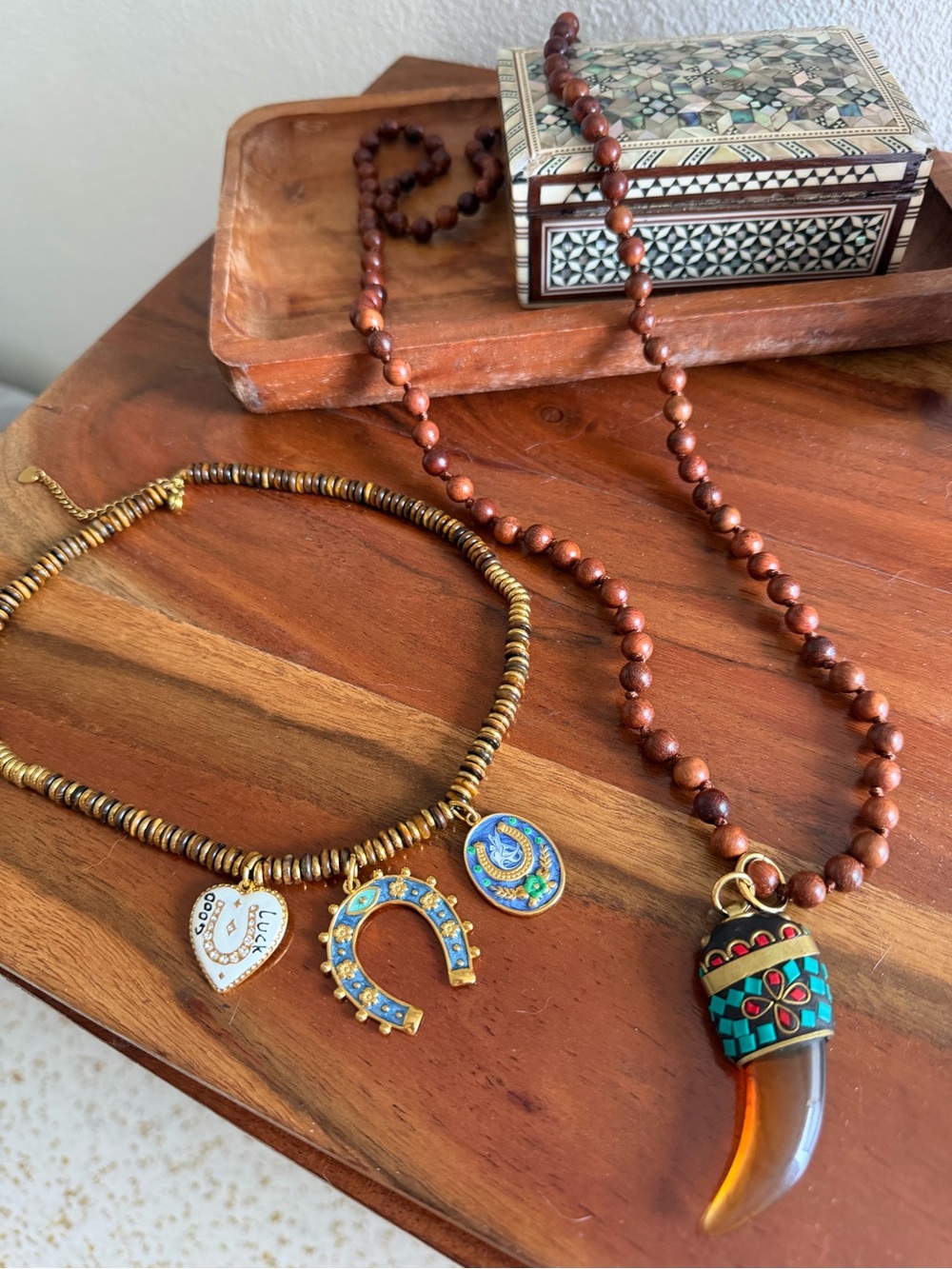 Boho Brown Beaded Horn Pendant and Necklace with Turquoise Accent- set